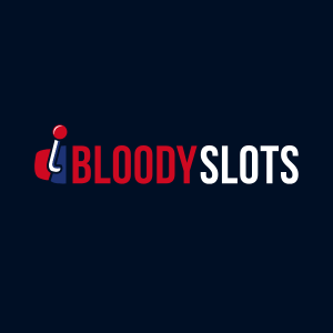 Logo von BloodySlots Casino mit stilisiertem "i"-Symbol und Schriftzug in Rot, Blau und Weiß auf dunkelblauem Hintergrund.