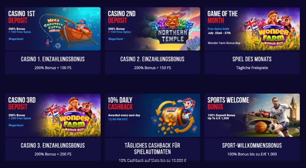 Casino-Boni: 1., 2. und 3. Einzahlung mit bis zu 200% Bonus und Free Spins, täglicher Cashback, Spiel des Monats 'Wonder Farm', Sport Willkommensbonus bis 1000 €.