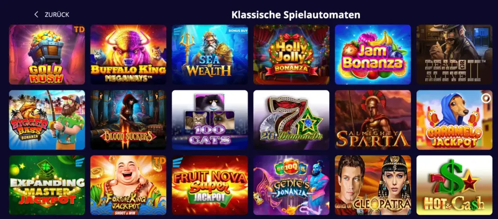 Auswahl klassischer Spielautomaten mit Spielen wie Gold Rush, Buffalo King Megaways und Blood Suckers