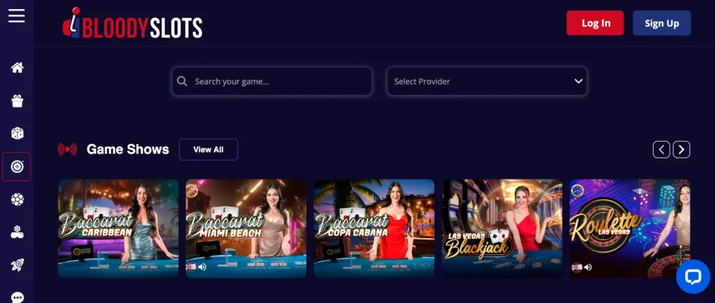 Live Game Shows bei BloodySlots mit Titeln wie Baccarat Caribbean, Miami Beach, Copa Cabana, Las Vegas Blackjack und Roulette Las Vegas.