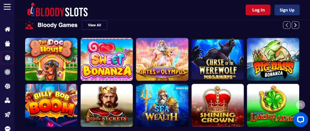 Spielauswahl bei BloodySlots mit beliebten Slot-Titeln wie The Dog House, Sweet Bonanza, Gates of Olympus und Curse of the Werewolf Megaways.