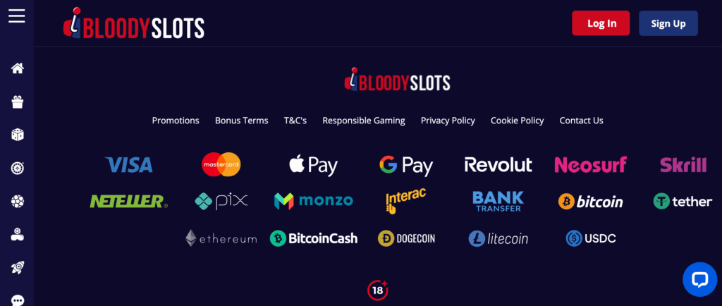 Footer von BloodySlots mit Logos unterstützter Zahlungsmethoden wie VISA, Mastercard, Apple Pay, Google Pay, Revolut, Skrill, Bitcoin, Ethereum und mehr.