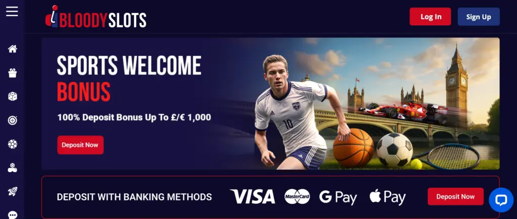Banner auf BloodySlots mit Sportwetten-Bonus: 100 % bis zu 1.000 €. Ein Fußballspieler, Sportbälle und ein Rennwagen vor dem Big Ben.