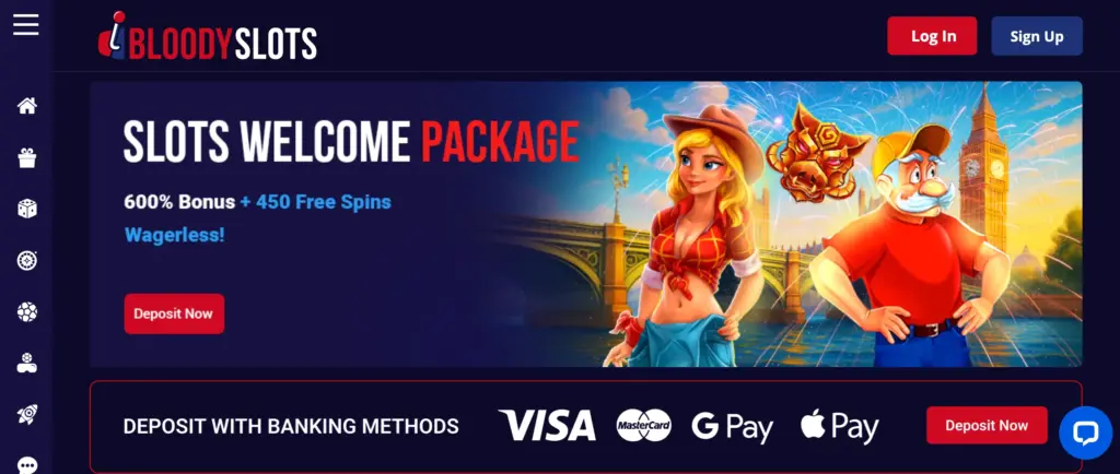 Startseite von BloodySlots Casino mit Banner für das Willkommenspaket: „600 % Bonus + 450 Freispiele – Wagerless!“.