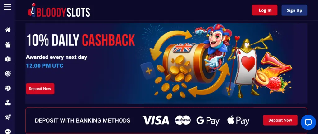 BloodySlots Banner für 10 % täglichen Cashback, ausgezahlt täglich um 12:00 Uhr UTC. Mit Münzen, Jokerfigur, Spielkarten und Slot-Symbolen.
