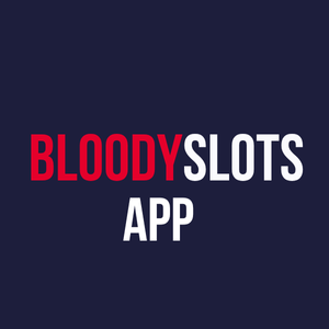 Logo von BloodySlots mit dem Text 'App' in weiß und rot auf dunkelblauem Hintergrund.
