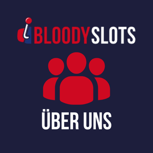 Icon mit drei roten Personenfiguren und Text 'Über uns' auf dunkelblauem Hintergrund, Logo von BloodySlots darüber