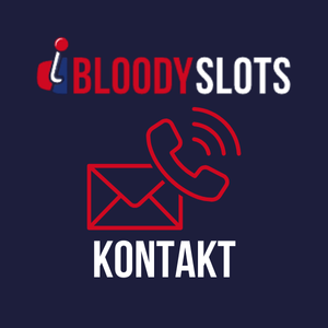 Rotes Icon mit Briefumschlag und Telefonhörer, Text 'Kontakt' auf dunkelblauem Hintergrund, Logo von BloodySlots darüber