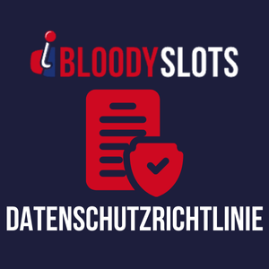 Rotes Icon mit Dokument und Schild, Text 'Datenschutzrichtlinie' auf dunkelblauem Hintergrund, Logo von BloodySlots darüber