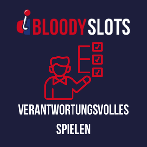 Rotes Icon mit Person und Checklisten, Text 'Verantwortungsvolles Spielen' auf dunkelblauem Hintergrund, Logo von BloodySlots darüber
